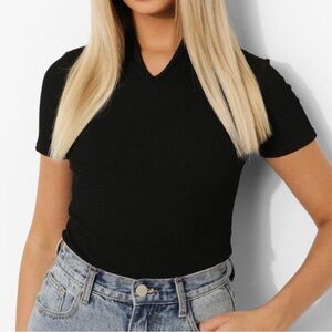 Anti Wrinkle Boohoo Black Textured Rib Notch V-Neck Bodysuit SOLD OUT ONLINE